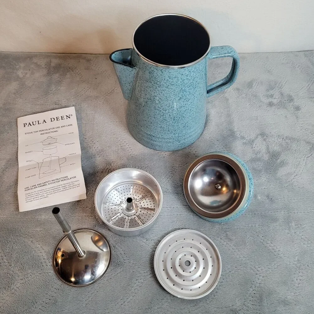 Paula Deen Blue Speckle Enamel Stovetop Coffee Percolator 8 cup Pot Complete